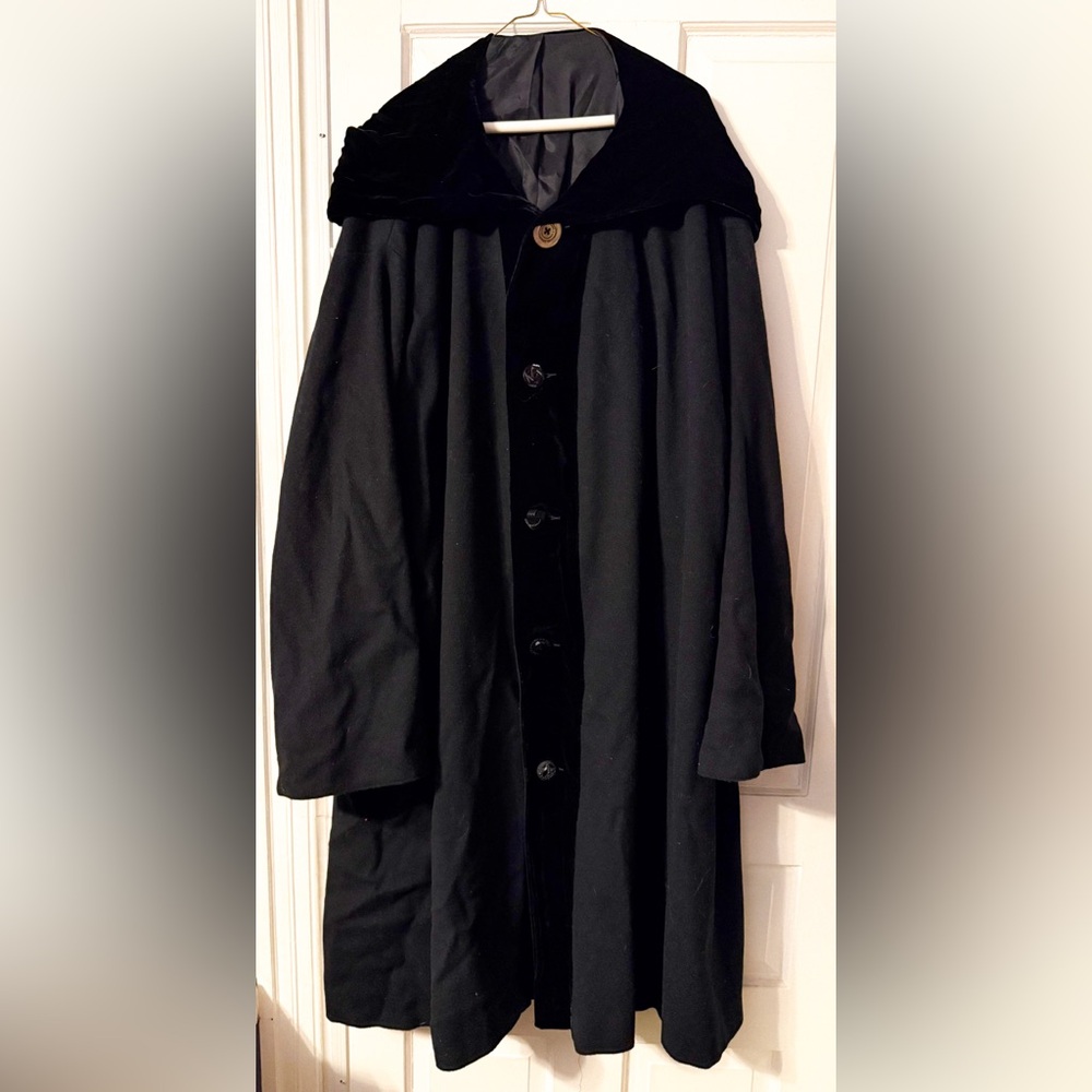 Vintage Blue Fish Black Wool Velvet Hooded Coat Cloak Statement Piece Halloween